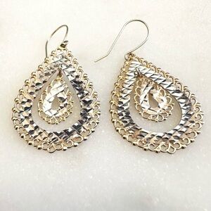 14k Solid Yellow & White Gold Vintage Diamond Cut Teardrop Earrings 2.06g